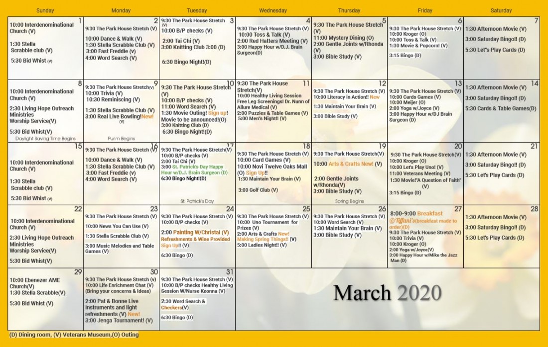 Activities and Event Schedule | Park House Southfield - March